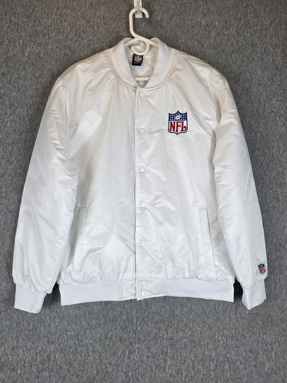 NFL White Satin Bomber Jacket Shield Logo Tags *READ Discription